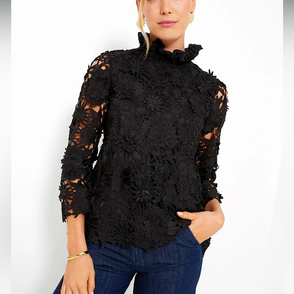 Tuckernuck Black Floral Lace High-Neck Blouse